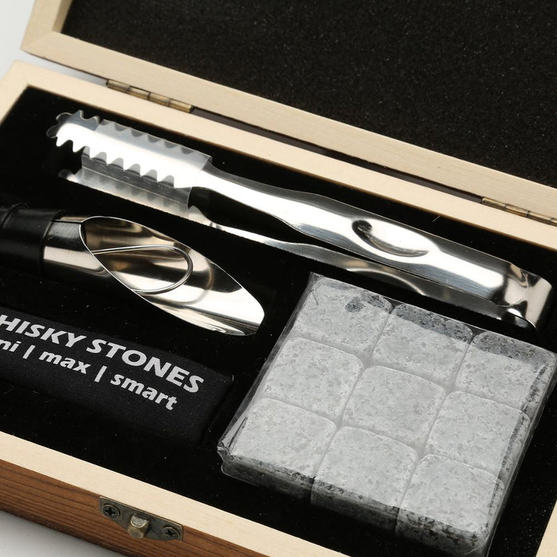 Whiskey Stones Gift Set - 9 Granite Chilling Stones Whisky Rocks - Reusable Ice Cubes with Tongs Stopper - Best Drinking Gift