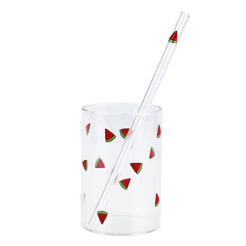 VIP LINK 2pc Cute Printing Straws Glass Cup Fruit Pattern Transparent Milk Water Cup Heat Resistant Coffee Tea Drinkware Cup