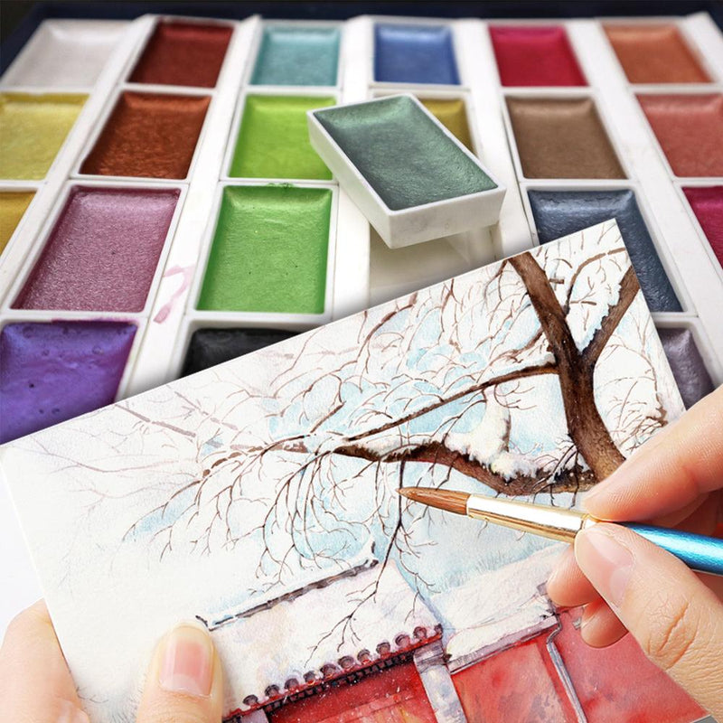 SeamiArt 24 colores brillo metálico acuarela pintura caja de regalo artista acuarela perla pigmento para suministros de dibujo