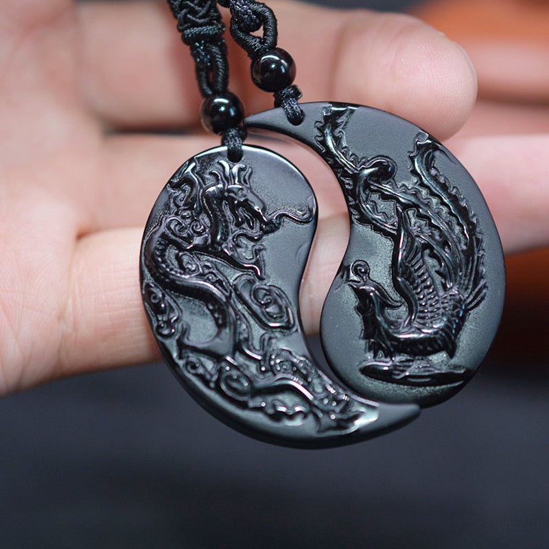 1 Set Obsidian Taichi Drachen und Phönix Halskette Anhänger YIN YANG Anhänger Halskette Obsidian Glücksanhänger