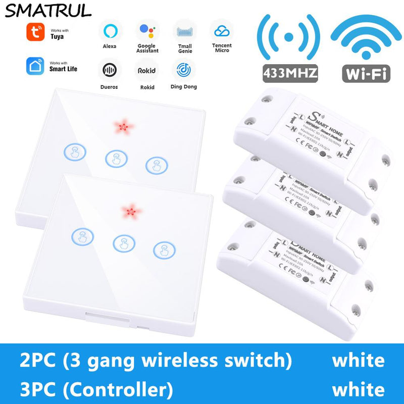 SMATRUL Tuya Smart Home APP WiFi Interruptor táctil Luz RF 433Mhz Panel de pared DIY Módulo de relé Temporizador Alexa Socket Lámpara 110-220V