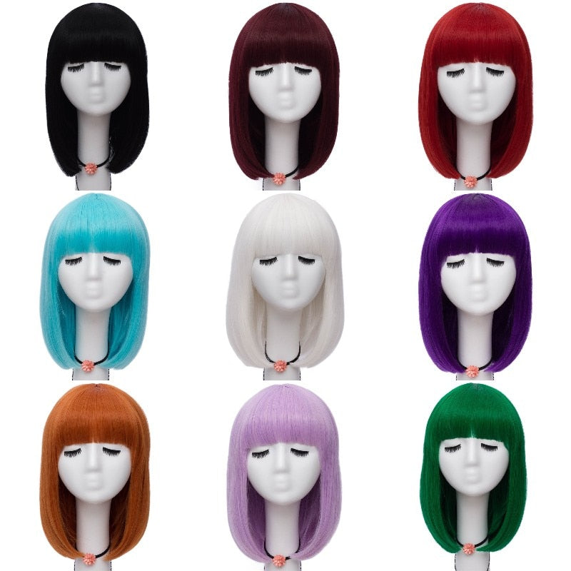 Women Orange Short Cosplay Wig with Bangs BOb Hairstyle  Heat Resistant Fiber Synthetic Straight Hair