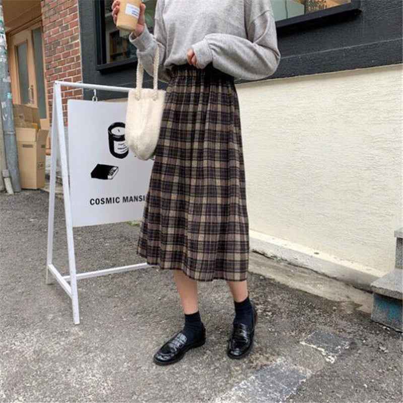 Woolen Winter Plus Size 3XL pleated plaid skirts Women Warm Vintage Long skirts Ladies Office Harajuku Midi skirts Streetwear