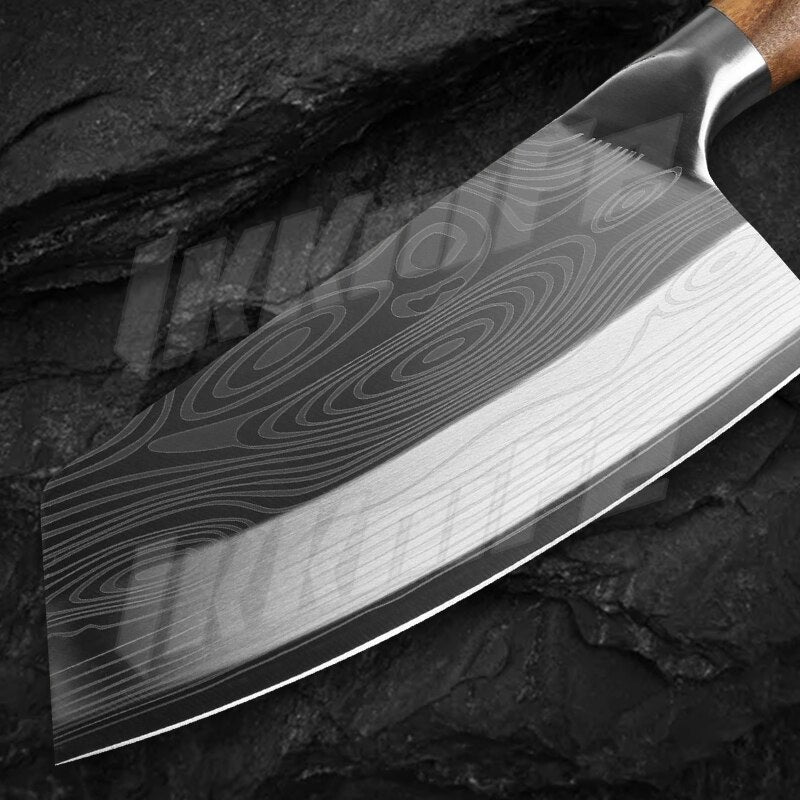 Knife Kitchen Damascus Laser Pattern Meat Cleaver Chinese Chef Chopping Slicing Knife 40CR13 Stainless Steel Vegetable Cutter