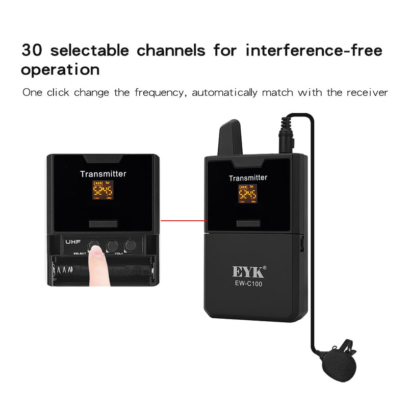 EYK EW-C102 Micrófono de solapa para cámara UHF Micrófono de solapa inalámbrico con función de monitor de audio para teléfonos DSLR DV Videocámara Webcast