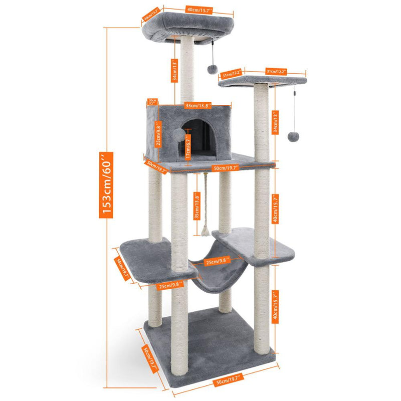 Torre de actividades para gatos moderna con árbol para gatos de varios niveles de pulgadas con postes para rascar sisal hamaca y juguete para gatos con percha superior extragrande