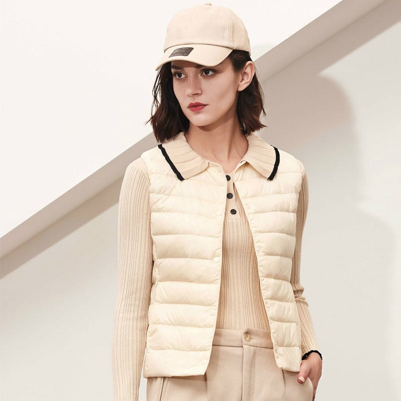 Women White Duck Down Vest Soft Ultra Light Jacket Winter Weightless Round Collar Portable Winter Sleeveless Warm Liner Button