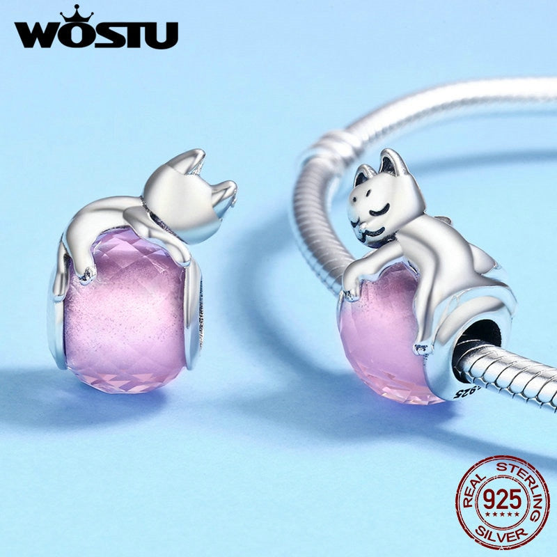 WOSTU Süße Katze Charms 925 Sterling Silber Tier Pussy Zirkonia Perlen passend für Original Armband Anhänger DIY Halskette Schmuck