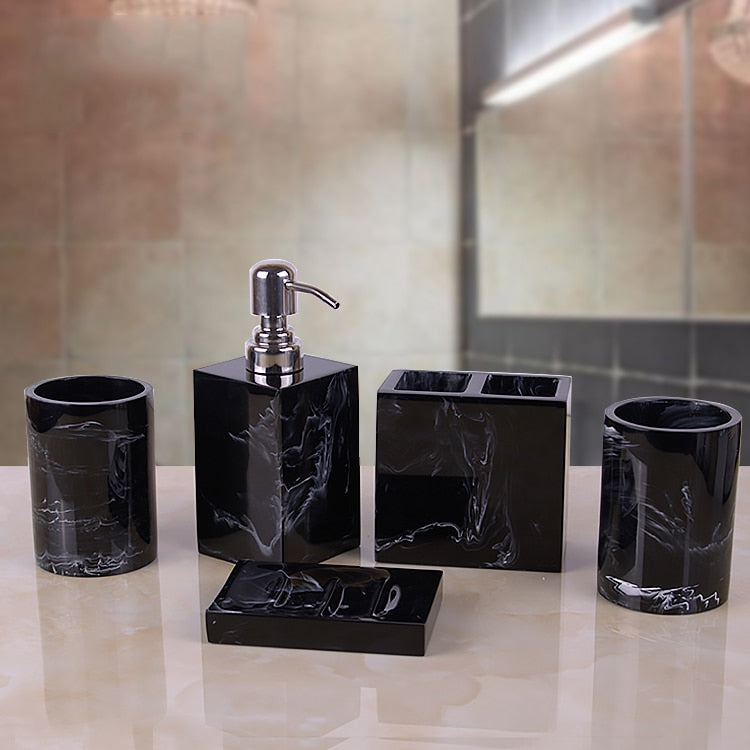 Black Marble Pattern Tray Resin Bathroom Set Toothbrush Holder Soap Dispenser Soap Dish Men&