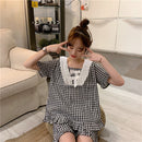 Pajama Sets Women Homewear Cotton Plaid Lace Bowknot Short Patchwork Kawaii Womens Cute Lolita Style 2 Piece 2020 Pajamas New
