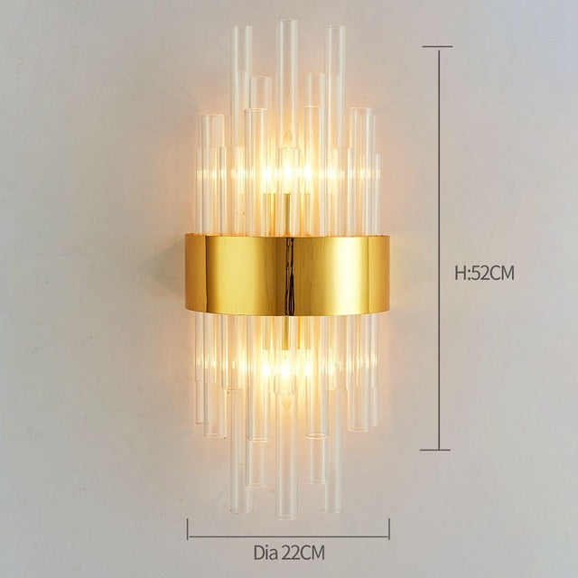 Envío rápido, luz de pared interior moderna de cristal dorado para dormitorio, mesita de noche, decoración de sala de estar, aplique LED, lámpara de baño