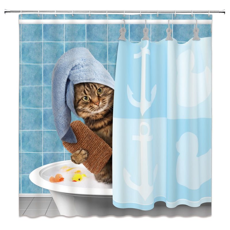 Funny Animal Shower Curtains Decoration Cute Pet Cat Home Bathroom Decor Polyester Bath Cloth Hanging Curtain Set With Hooks