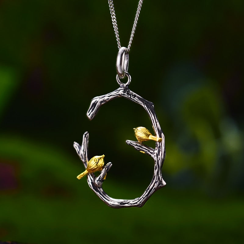 Lotus Fun Real 925 Sterling Silver Natural Original Fine Jewelry 18K Gold Bird on Branch Pendant without Necklace for Women Gift