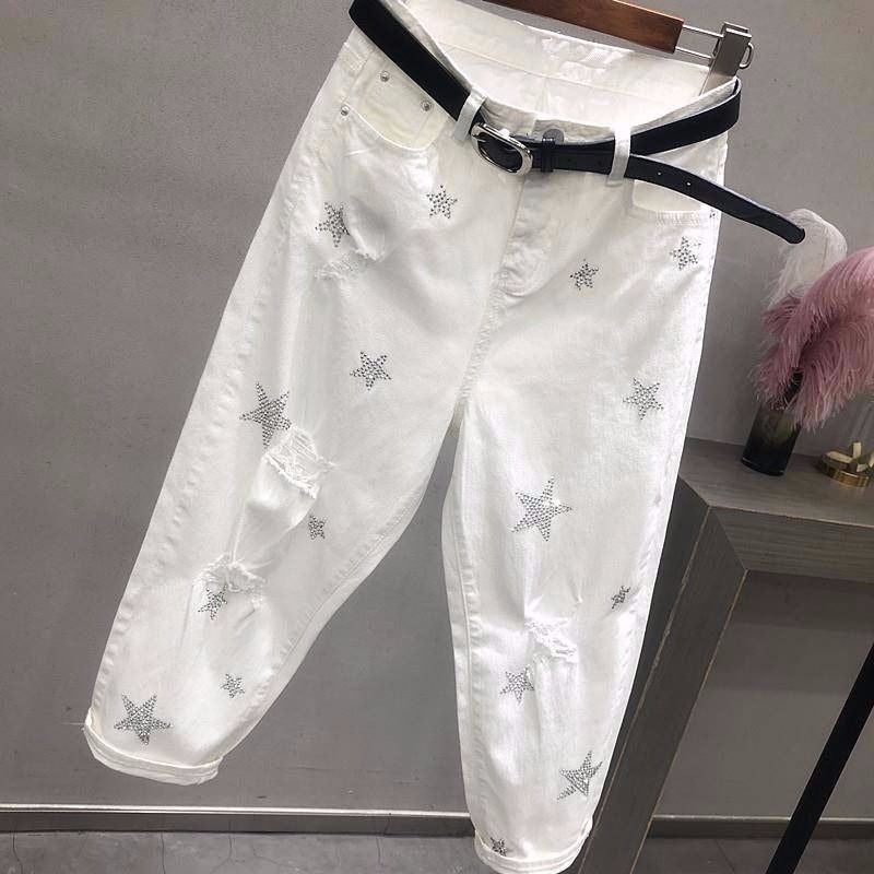 Frühling Herbst Korea Mode Frauen Weiße Jeans Hohe Taille Vintage Loch Lose Denim Hosen Lässige Knöchellange Pluderhosen D436