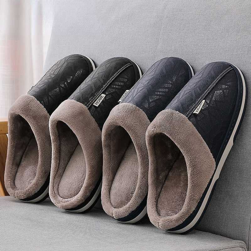 Men slippers leather Home slippers for men Waterproof Warm House slippers Male Fur Slippers Couple Platform Fluffy Big Size 50