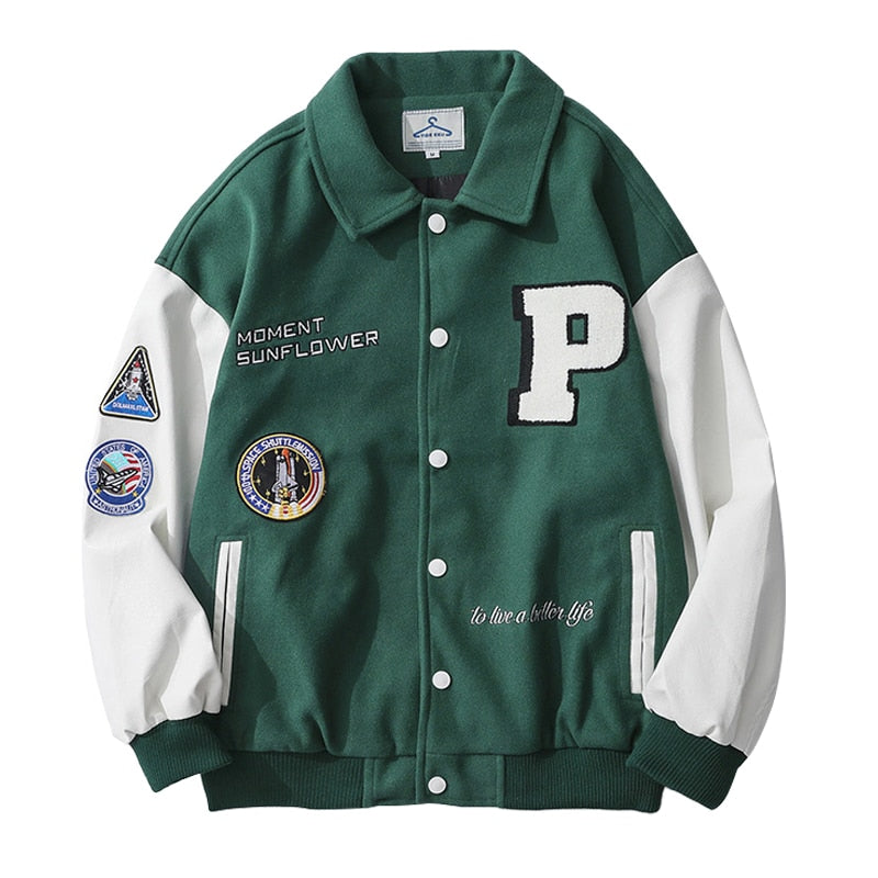 2020 estilo universitario, ropa de marca con letras empalmadas de un solo pecho, chaqueta Bomber para hombre, uniforme de béisbol holgado, abrigo de invierno para mujer