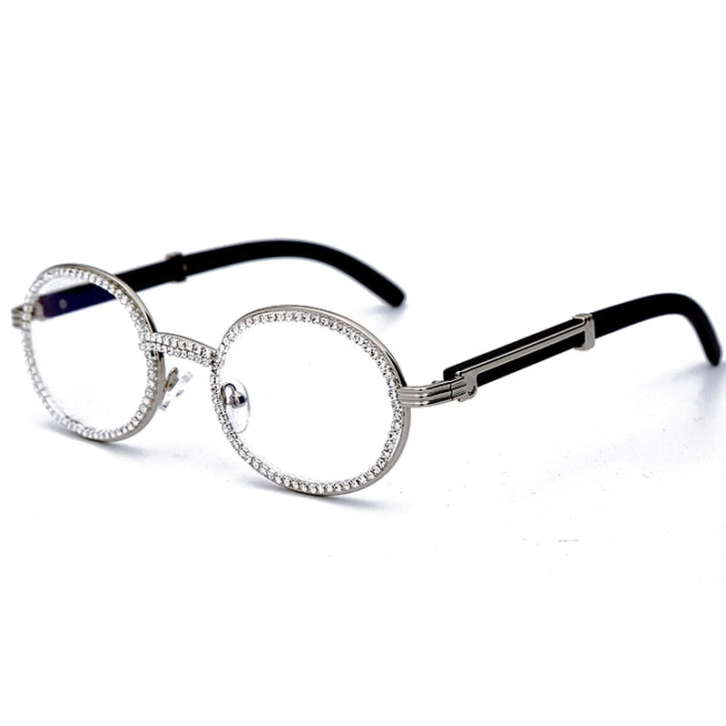 Gafas de sol pequeñas y redondas con diamantes a la moda para hombre, nuevas lentes transparentes de lujo para mujer, gafas ovaladas de cristal y madera con diamantes de imitación