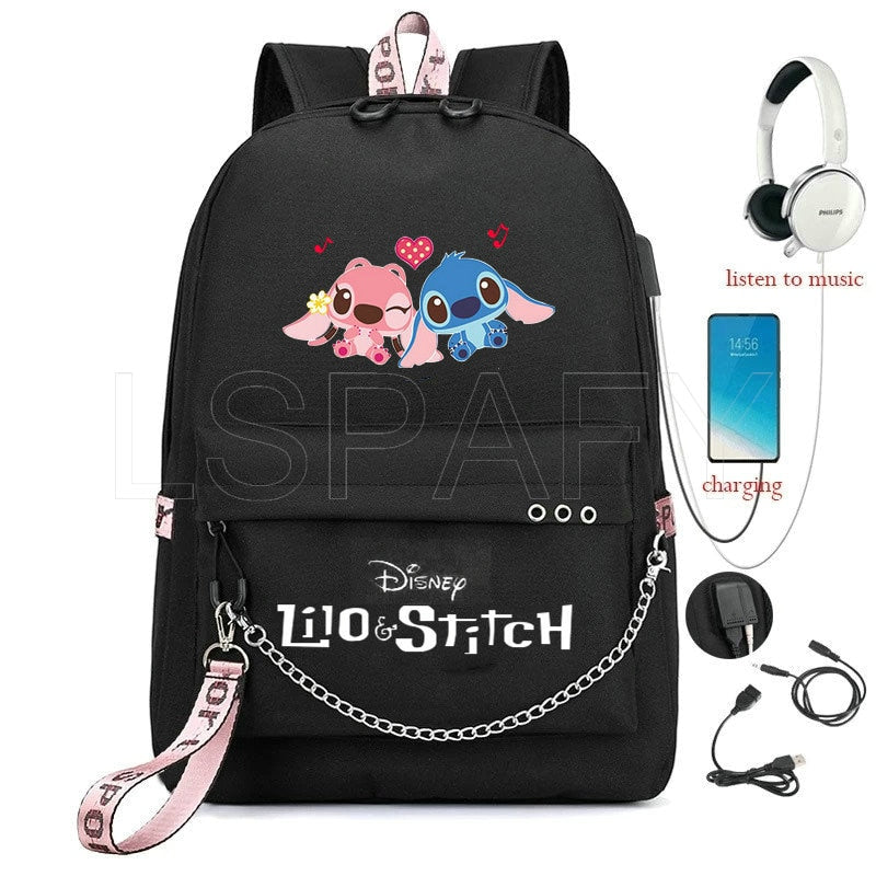 Disney Kawaii Stitch Bag Zipper USB Charging Mochila Capacity Backpack Women Kpop School Bags for Teenage Girls Students