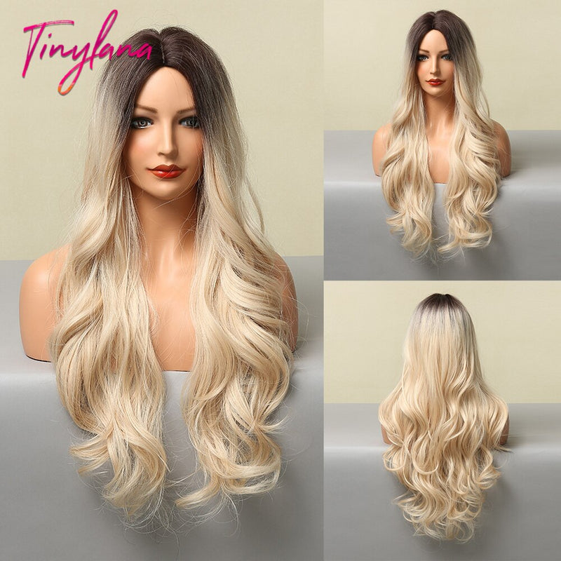 Lange synthetische braune blonde wassergewellte Gloden-Highlight-Perücken Mittelteil hitzebeständiges Cosplay-Naturhaar für schwarze Frauen