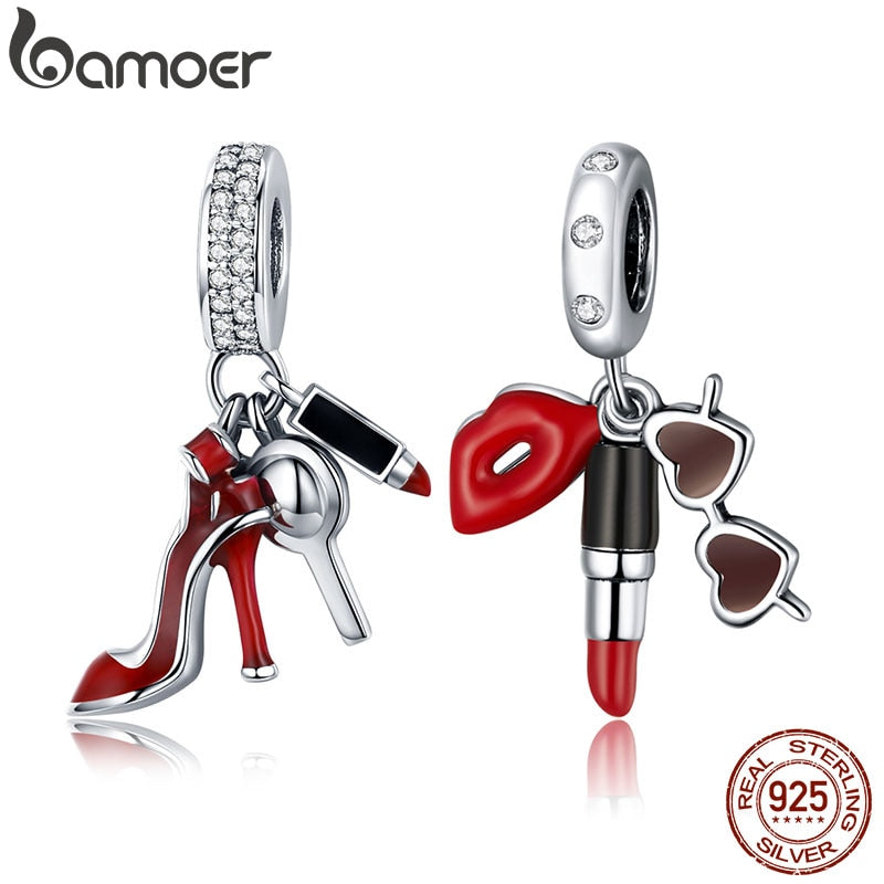 BAMOER 100% 925 zapatos de mujer de plata esterlina, colgante de maquillaje de espejo, pulsera de mujer, joyería DIY, regalo de mujer SCC457