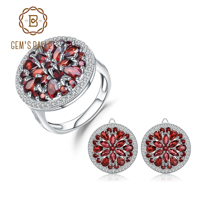 GEM'S BALLET 11.65Ct Natural Red Garnet Gemstone Pendientes Anillo Set 925 Sterling Silver Round Jewelry Set Para Mujer Boda