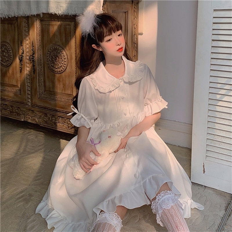 Dulce chica japonesa Lolita Drees Kawaii Peter Pan Collar Cute Ruffle Puff Sleeve Drees Color sólido Elegante Retro Lady Drees