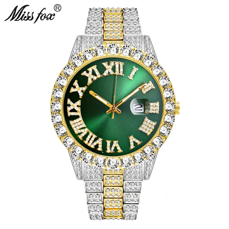 MISSFOX Herrenuhr 2020 Meistverkaufte Luxusmarke Blaues Zifferblatt Gold Herrenmode Uhren Herren Big Diamond Armband Luxusuhr Herren