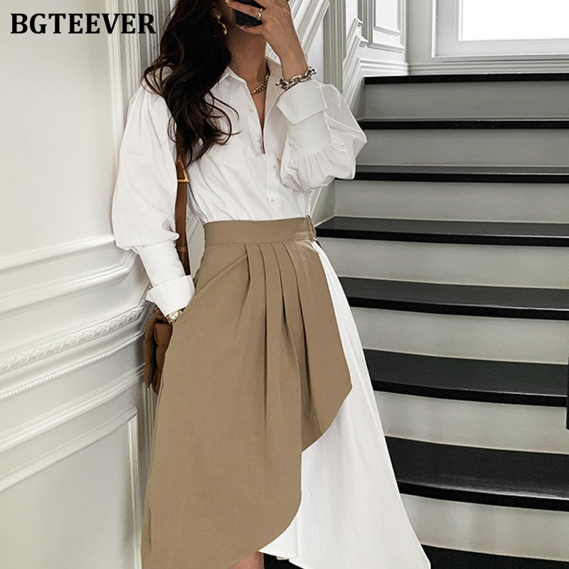BGTEEEVR Stylish Women Turn-down Collar Irregular Shirt Dress Elegant Long Sleeve Female Pleated Dress 2021 Spring 2 Pieces