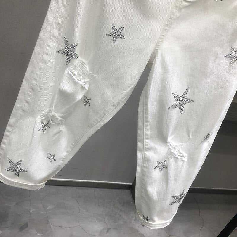 Primavera otoño moda de Corea mujeres pantalones vaqueros blancos de cintura alta Vintage agujero pantalones de mezclilla sueltos Casual tobillo-longitud Harem pantalones D436