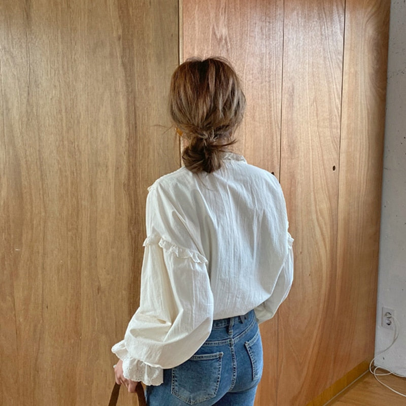 Vintage Casual elegante Tops 2022 nuevas mujeres ahueca hacia fuera las mujeres camisas sólido manga larga estilo coreano arco blusas sueltas Blusas 9580