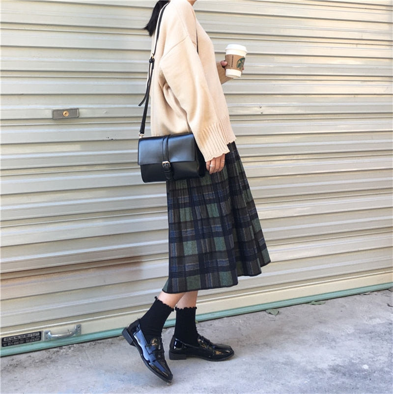 Woolen Winter Plus Size 3XL pleated plaid skirts Women Warm Vintage Long skirts Ladies Office Harajuku Midi skirts Streetwear