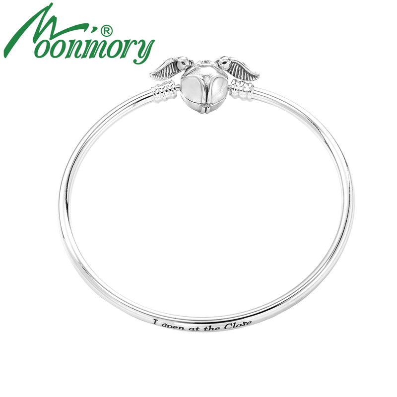 Moonmory Real 925 Sterling Silver Moments Harry Charms Bangle Bracelet Fits For DIY Beads Golden Snitch Clasp Bangle Pulseras