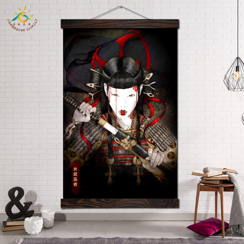 Japanese Woman Samurai Wall Art Canvas Framed Print Painting Vintage Posters and Prints Wall Pictures for Living Room Decoration