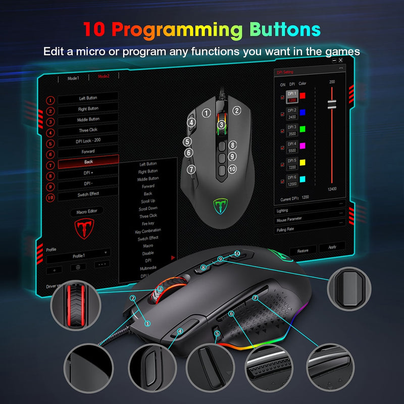 PICTEK PC257 Gaming Mouse Wired 12000 DPI Ergonomic Mouse USB With RGB Backlit 10 Programmable Buttons For Computer Gamer Mice