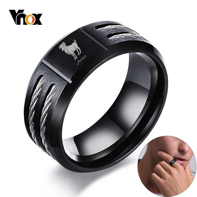 Vnox 12 Horoskop Ring für Männer Schwarz Edelstahl Twisted Wia Insert Tough Man Anel Aries Leo Constellation Wedding Band