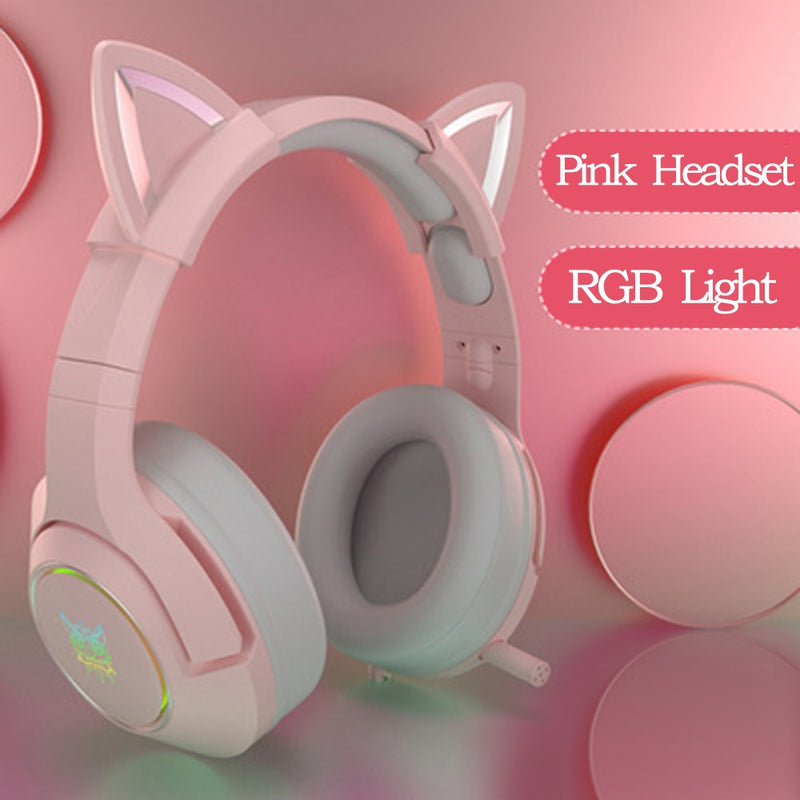 RGB Gaming 7.1 Stereo-Kopfhörer Rosa Headset Abnehmbares Katzenohr USB-Kabel mit Mikrofon-Rauschunterdrückung Für PS4/Xbox ein süßes Mädchen