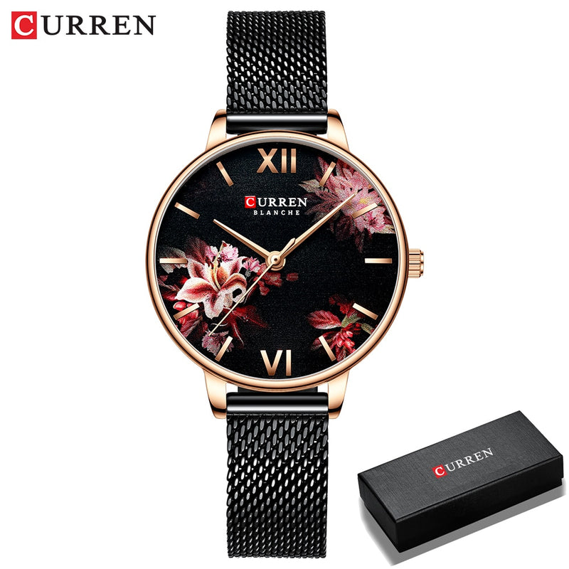 Women Watches CURREN Black Clock Stainless Steel Mesh Quartz Wristwatch Female Casual Charm Watch for Ladies relogios feminino