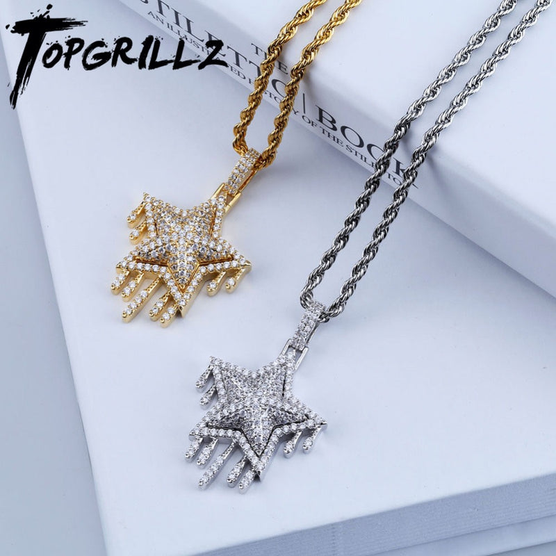 TOPGRILLZ Men's Women Iced Out Cubic Zircon Bling Drip Star Necklace & Pendant Gold Silver Color Hip Hop Jewelry Tennis Chain