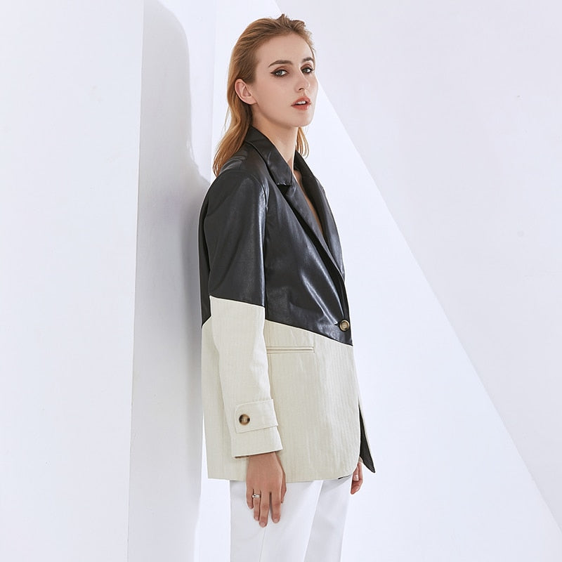 TWOTWINSTYLE Patchwork PU Leather Blazers For Women Notched Long Sleeve Hit Color Casual Coats Female 2020 Fashion Clothing Tide
