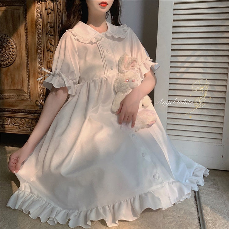 Dulce chica japonesa Lolita Drees Kawaii Peter Pan Collar Cute Ruffle Puff Sleeve Drees Color sólido Elegante Retro Lady Drees