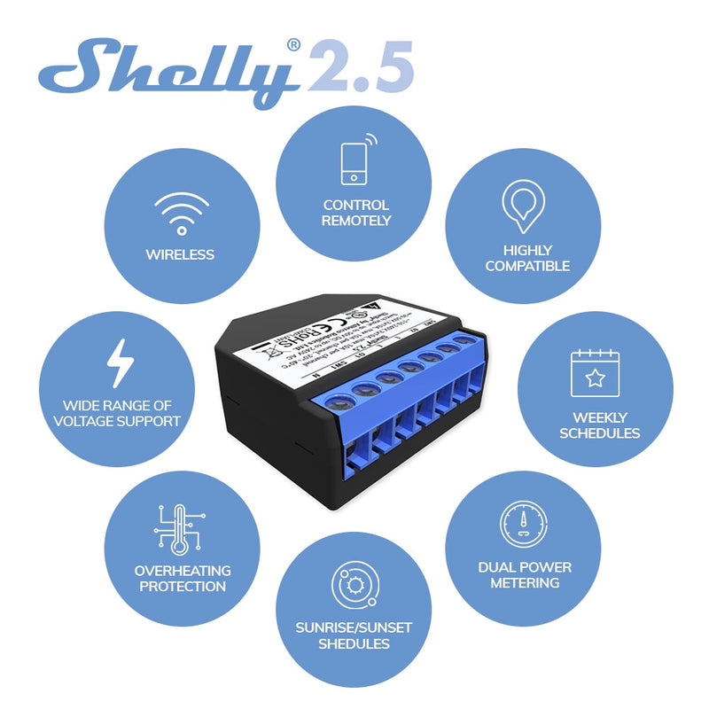 Shelly 2.5 Smart Home Double Relay WiFi Switch Roller Shutter Open Source Wireless  For Garage Door Curtain Dual Power Metering