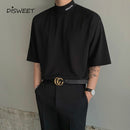 Letter Embroidered Black T-shirt Men Korean Loose Half Turtleneck Tees Boy 2022