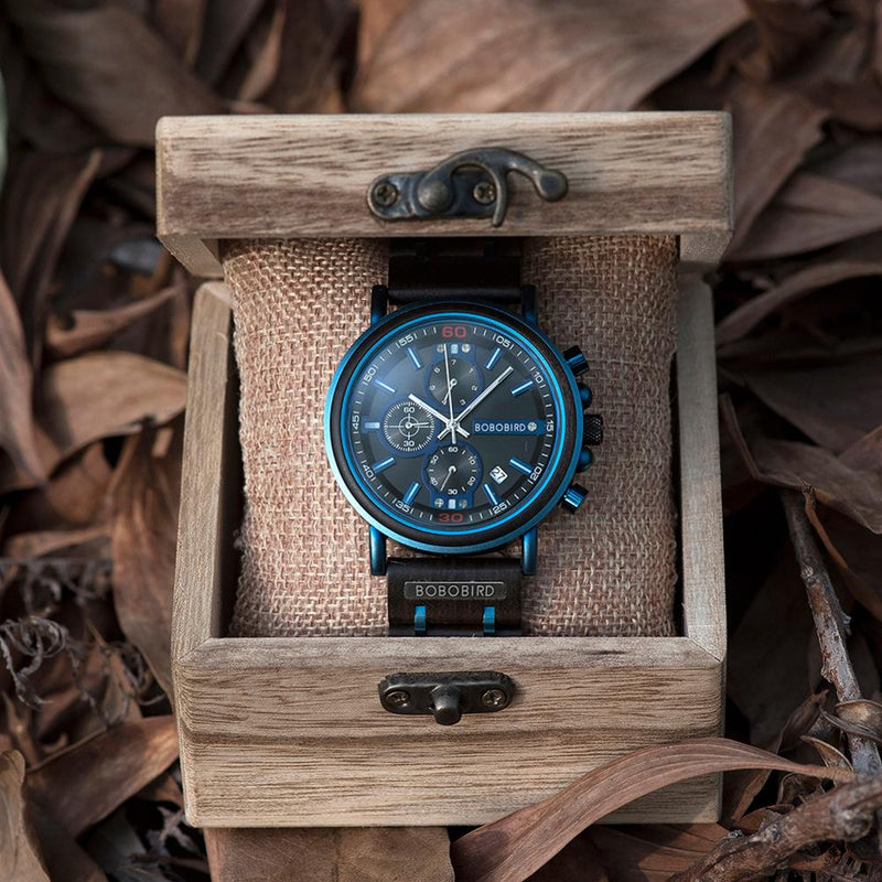 Reloj BOBO BIRD de madera para hombre, reloj de pulsera de lujo de marca superior, cronógrafo con visualización de fecha automática, logotipo personalizado, reloj masculino