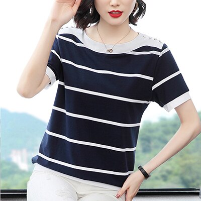 Button Stripe T Shirt Women 2022 Summer Woman Fashion Tops Short Sleeve T-Shirt Cotton Tshirt Casual Clothing Tee Shirt Femme