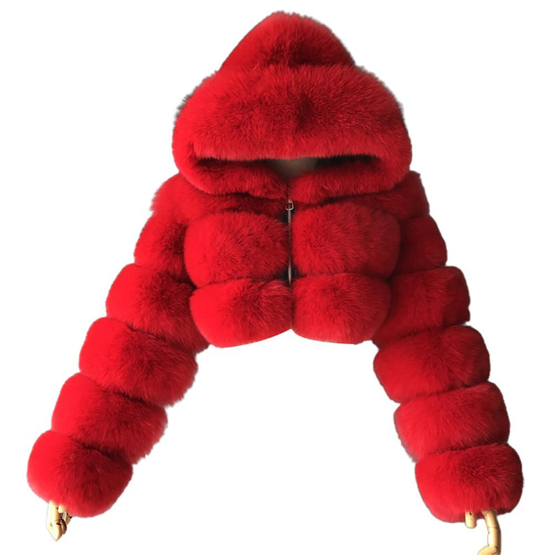 Loose Women Jacket 2021 Fashion Autumn Winter Faux Fur Cropped Coat Fluffy Zip Hooded Warm Short Jacket