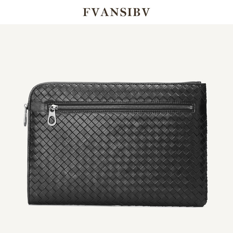 Business Men's Clutch Bag 100% Genuine Leather Sheepskin Woven Luxury Brand Envelope Bag Multi-Function Large Capacity A4 Paper