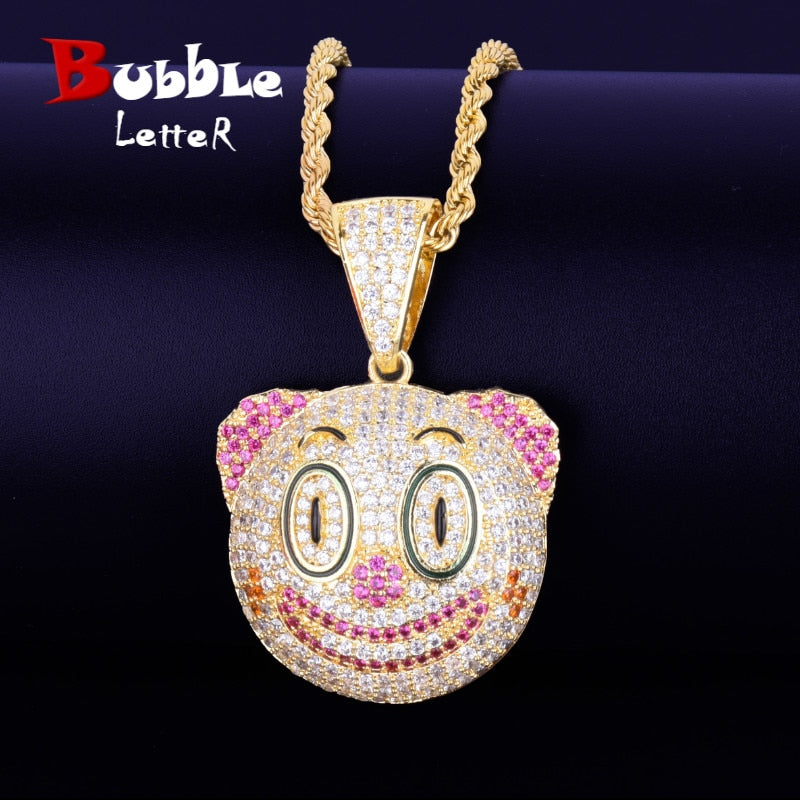 Clown Round Face Pendant Necklace Gold Color Charm Cubic Zircon Men&