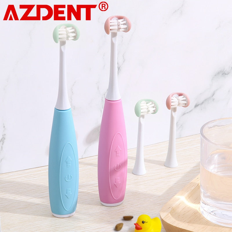 AZDENT 3 Seiten Kinder Kinder elektrische Schallzahnbürste 5 Modi U-Typ Zähne Zahnbürste 4 Köpfe 3h USB wiederaufladbar 25 Tage Gebrauch