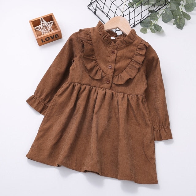 Humor Bear Autumn Winter Toddler Girl Dress Long Sleeve Cotton Ruffles Princess Dress Kids Corduroy Pleated Fashion Baby Dress