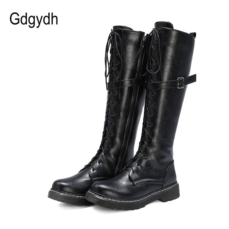 Gdgydh 2021 Autumn British Style Knee-high Boots For Women Plus Size 34-43 Female Boots Round Toe Low Heels Women Shoes Winter